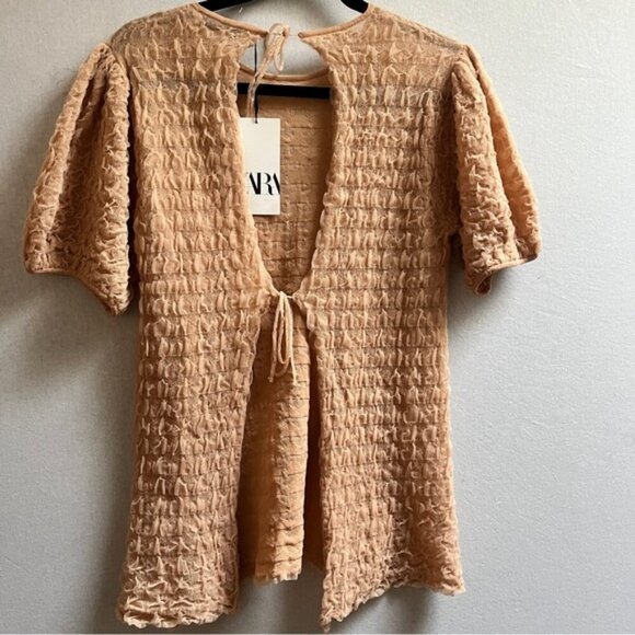 NWT Zara puffy sleeves open back short sleeve chiffon textured top Sz M - Picture 4 of 11